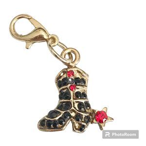 Vintage Cowboy Boot Charm Crystal Gold Plated Clip On Zipper Pull Purse Cowgirl